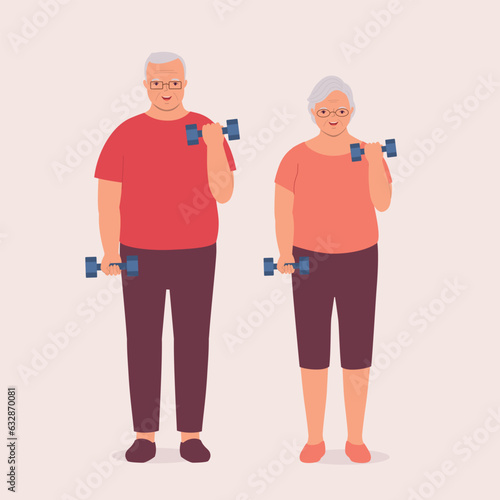 Smiling Senior Couple Lifting Dumbbells For Strength Training Exercises. Full Length.