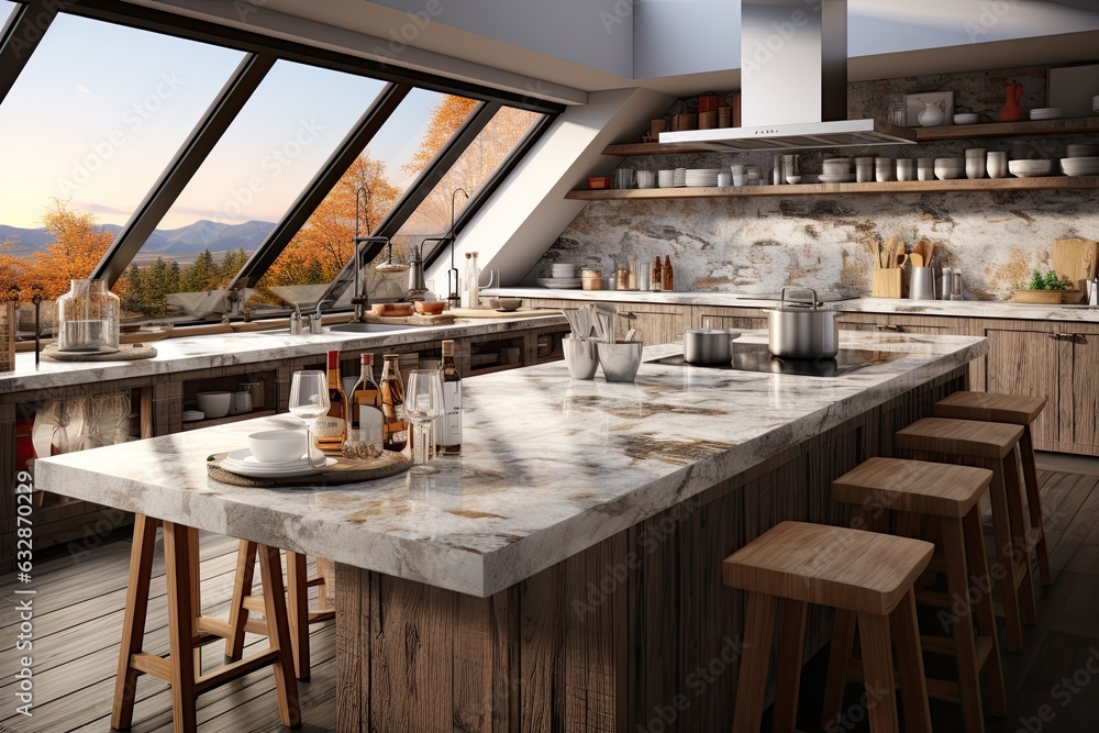 Interior of modern kitchen with gray walls, concrete floor, white marble countertops and bar with stools Interior of modern kitchen with gray walls, concrete floor, white marble countertops and bar with stools