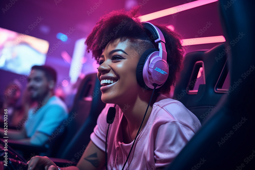 Generative ai photo collage of professional addicted lady gamer playing using computer winning cyber championship Generative ai photo collage of professional addicted lady gamer playing using computer winning cyber championship