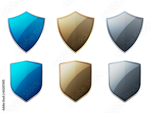 set of shiny metallic shields, vector 3d shield protections, blue gold silver crest
