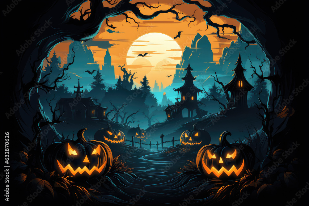 Halloween background with haunted house and pumpkins and moon. Vector ...