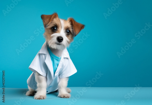 Dog in white coat sitting on blue background. Concept of medical care © Katrin_Primak