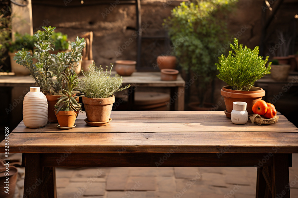 Rustic table with blank wood sign and potted plant farmhouse charm Generative AI