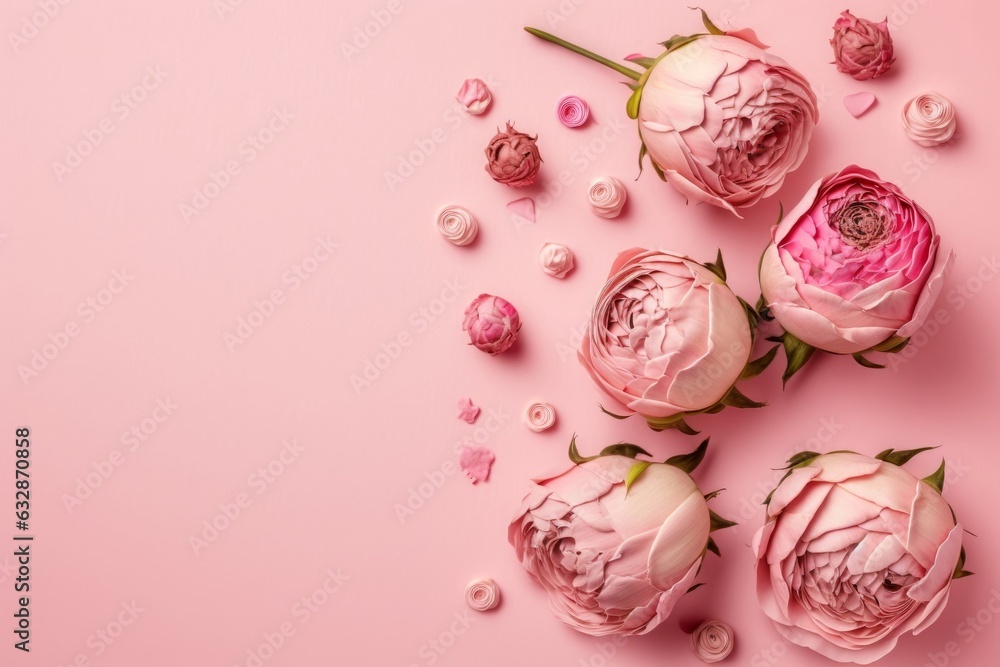 Women's Day concept. Top view photo of pink peony rose buds and sprinkles on isolated pastel pink background with copyspace, Generative AI
Women's Day concept. Top view photo of pink peony rose buds and sprinkles on isolated pastel pink background with copyspace, Generative AI