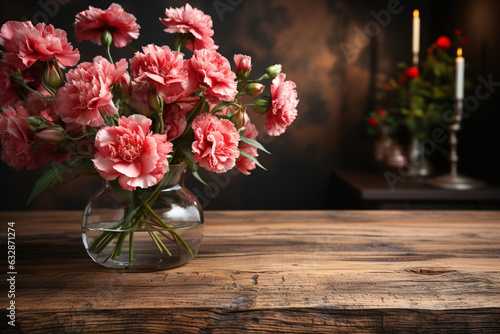 Rustic wooden table holds a still life of delightful carnation flowers Generative AI