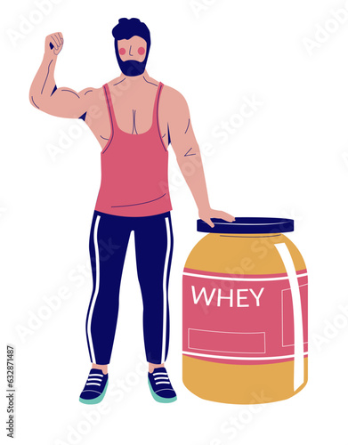 Cartoon sportsman character advertising whey sport nutrition