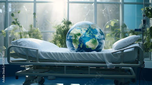 la planète Terre sur un lit d'hôpital, concept pour sauver la planète photo