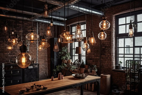 Industrial-style lighting fixtures hanging from high ceilings, Interior Design in a Loft, 