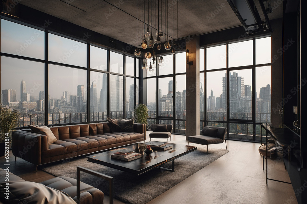 A spacious living room with floor-to-ceiling windows offering a city view, Interior Design in a Loft, 