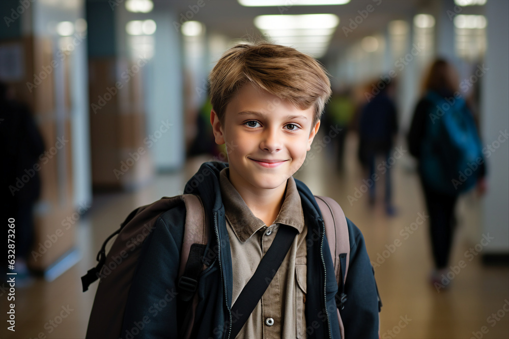 Generative ai collage photo of learner kid with school supply standing in long corridor Generative ai collage photo of learner kid with school supply standing in long corridor
