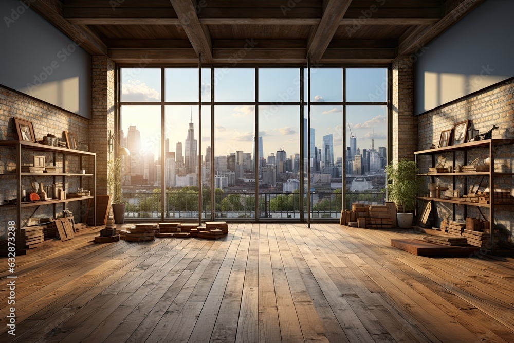 Interior of modern loft with wooden floor and panoramic city view	