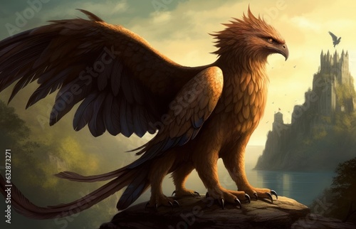 Generative AI illustration of legendary griffin also known as griffon or gryphon, Generative AI