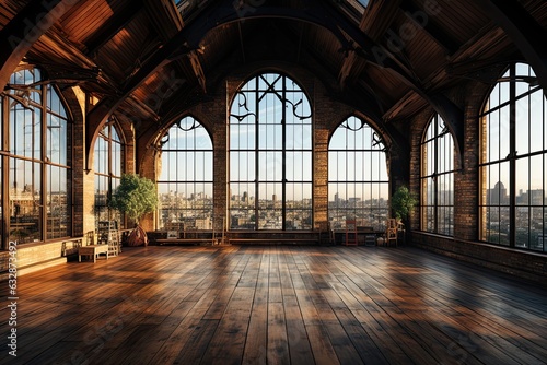 Interior of modern loft with wooden floor and panoramic city view 