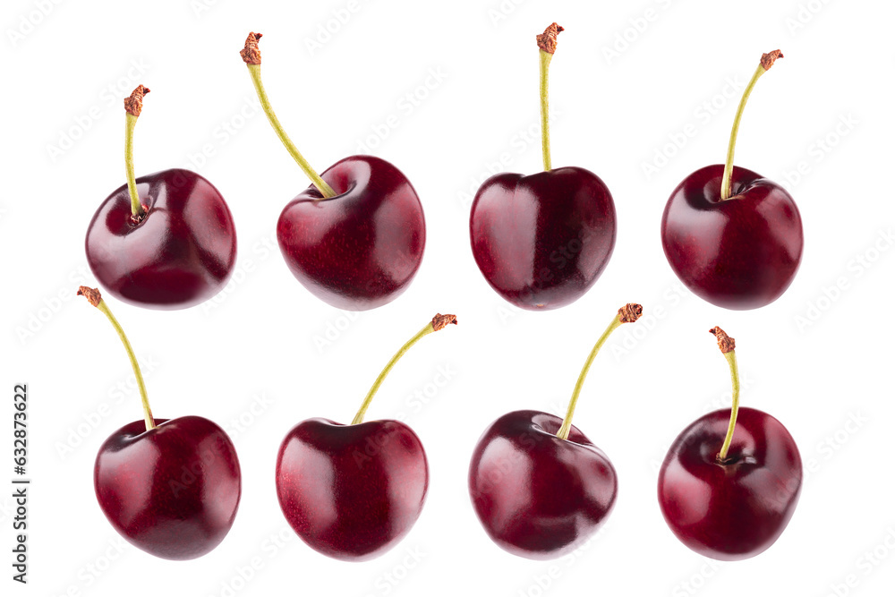 Bright red cherry set. Whole fruits with tails closeup, different sides isolated on white background, studio. Summer fresh ripe fruits as design element for advertising, card, poster. Bright red cherry set. Whole fruits with tails closeup, different sides isolated on white background, studio. Summer fresh ripe fruits as design element for advertising, card, poster.