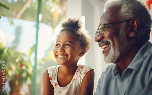 Black african american dark-skinned loving caring grandfather spending time with cute little smiling granddaughter