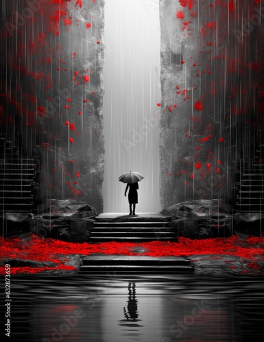 Man with umbrella standing on a stone stairs in the rain. Generative AI. illustration for painting print 