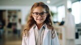 Photography of a pleased, child girl that is consulting with a patient wearing a doctor's white coat against a medical clinic background. Generative AI