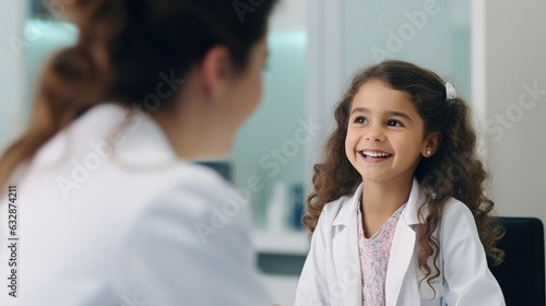 Photography of a pleased, child girl that is consulting with a patient wearing a doctor's white coat against a medical clinic background. Generative AI