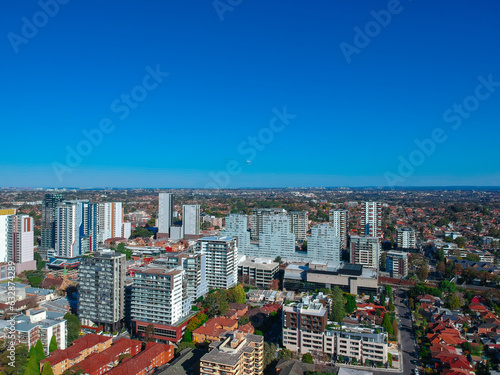 Photography Drone view looking down on Commercial Suburb of Burwood in Sydney residential ho