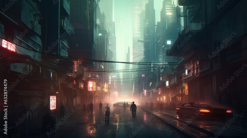 Concept art illustration of asian cyberpunk sci-fi dystopian city, Generative AI