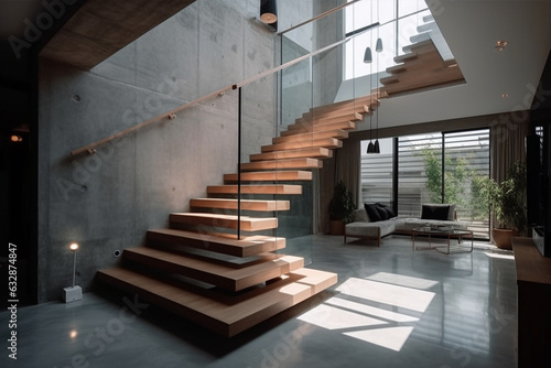 A minimalist house with a minimalist staircase and minimalist lighting fixtures, Minimalist House,  photo