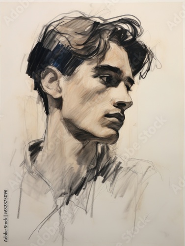 a hand drawn expressive portrait of a young Victorian man in his late 20s, post-impressionist style, minimalist brushwork, academic style, beautifully shaded, black ink on manila paper
