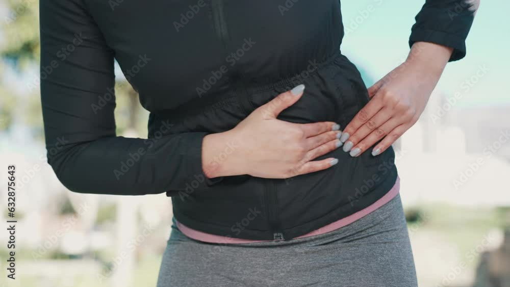 Stomach, pain and fitness of woman hands with abdomen cramp and muscle injury outdoor. Exercise