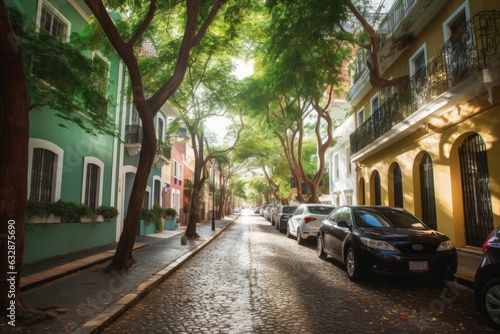 Beautiful street full of trees in old San Juan, Puerto Rico, Generative AI