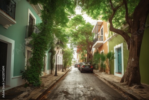 Beautiful street full of trees in old San Juan, Puerto Rico, Generative AI