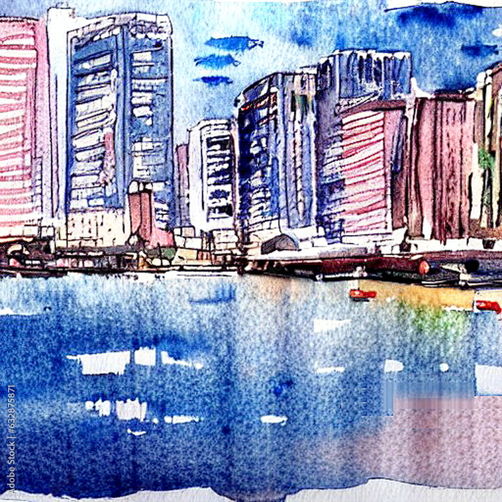 横浜の川と建物　水彩画
