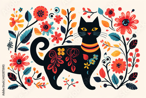 Pattern design using black cat and flowers and leaves. Pet. Animals. Illustration, Generative AI.