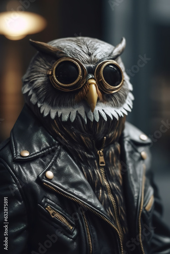Image of stylish cool owl wearing sunglasses as fashion and wore a leather jacket. Modern fashion, Animals, Illustration, Generative AI.