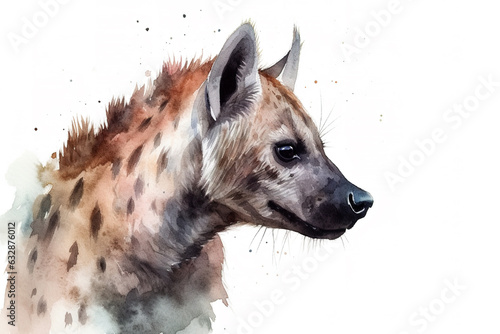 Watercolor painting of a hyena on a white background. Wildlife Animals. Illustration, generative AI. photo