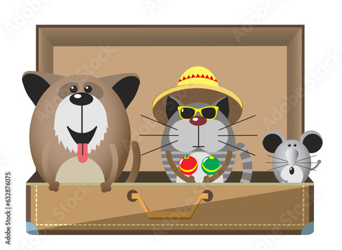 Funny travel pets in luggage suitcase vector illustration