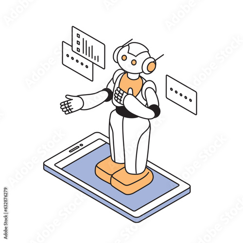 アイソメトリック構図　AIロボットとスマートフォンのイラスト
