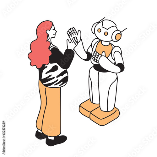 アイソメトリック構図　AIロボットと話す女性のシンプルなイラスト
