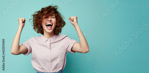 Obraz na płótnie Woman raised both of her fists while screaming. Success concept. w salonie