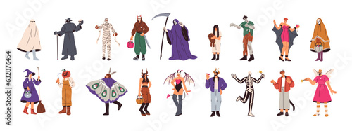 People in Halloween costumes set. Characters in spooky holiday outfits for Helloween masquerade, creepy festival, carnival. Witch, ghost, mummy. Flat vector illustrations isolated on white background