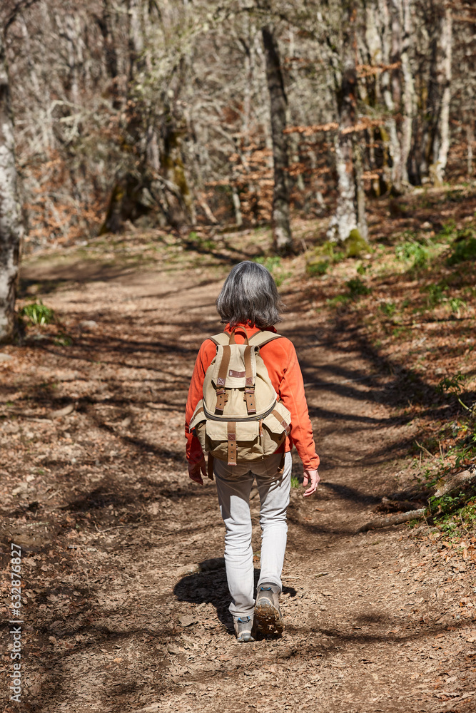 Woman walking in the woods. Healthy lifestyle. Natural environment Woman walking in the woods. Healthy lifestyle. Natural environment