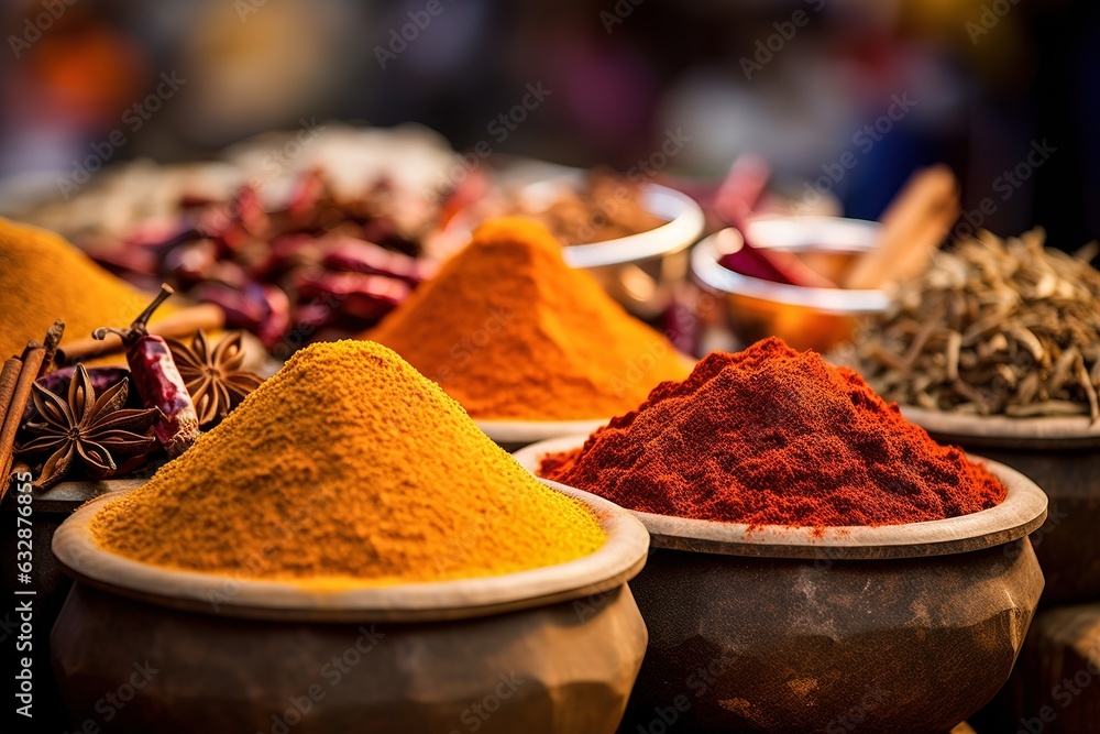 Exotic spices like curry and paprika at a market in Morocco Exotic spices like curry and paprika at a market in Morocco