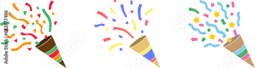 Colorful confetti party popper, set of three isolated icons