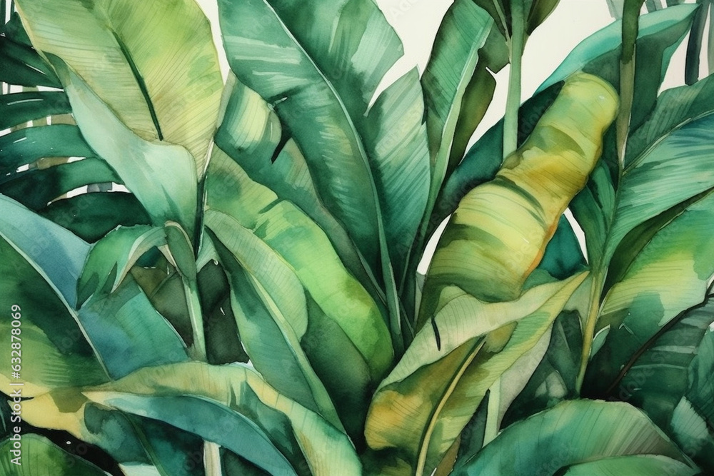 Fototapeta Verdant banana leaves creating a lush tropical atmosphere, Leaves Watercolor, 