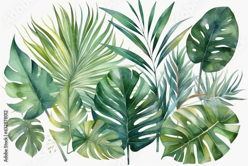 Majestic tropical palm leaves in shades of green  Leaves Watercolor  