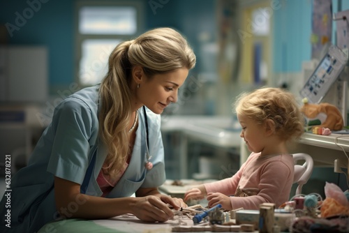 compassionate nurse interacting with a young patient in a children's ward of a hospital photo