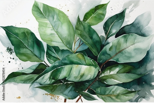 Harmonious interplay of watercolor green large leaves against a pure white background, Leaves Watercolor, 