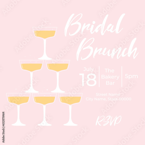 Invitational bridal brunch with glasses of champagne. Bachelorette party invitation template. Vector illustration. Bubble brunch.