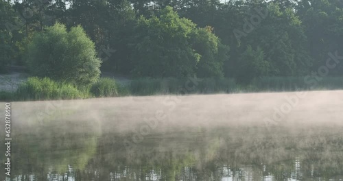 Steam evaporation on water surface, green trees, forest, reflection. Morning lake, pond, tranquility.