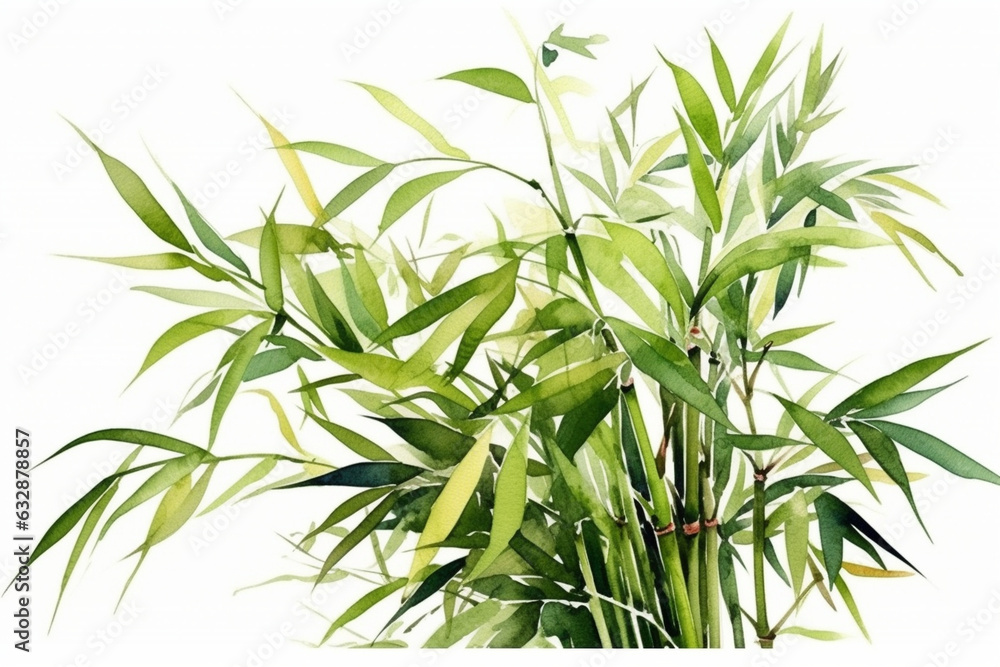 Whimsical arrangement of watercolor green bamboo shoots on a pristine white background, Leaves Watercolor, 