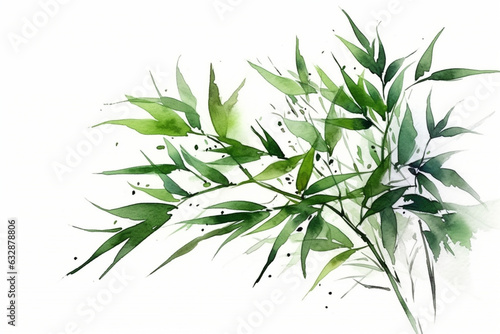 Serene composition of watercolor green bamboo leaves against a white background, Leaves Watercolor, 