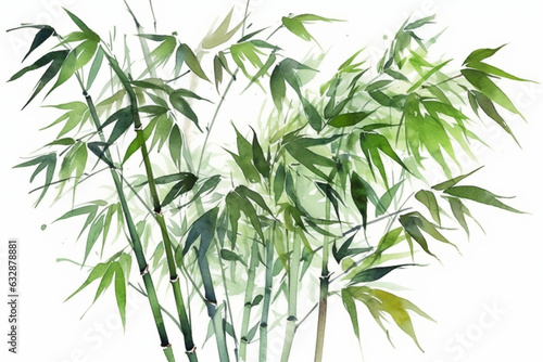 Captivating watercolor green bamboo leaves standing out on a clean white background, Leaves Watercolor, 